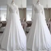 White Chiffon Long Sleeves Muslim Wedding Dresses High Neck A Line Bridal Gowns*