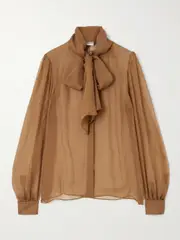 [SAINT LAURENT] SAINT LAURENT - Pussy-bow Silk-chiffon Blouse - Camel - FR 42 FR 42 Brown