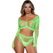 Wide Net Floral Cami Crop Top Booty Shorts Set Sheer Long Sleeves Neon 2153