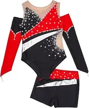 [Oyolan] Kids Girls Long Sleeve Dance Leotards Gymnastics Jumpsuit With Booty Shorts Athletic Workout Unitards