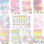 Cyiecw Pack of 160 Unicorn Writing Paper with Envelopes Children's Set (10 Colours), 50 A5 Colourful Printed Letter Sheets and 50 Envelopes, Letter Paper Girls with 3 Sticker Sheets, Gift Idea for
