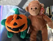 2 Ty Beanie Babies Baby Punkin' the Pumpkin & Bongo the Monkey Plush Animal