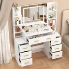 Modern 7 Drawers Vanity Desk Dressing Table LED Lighted Mirror Makeup Mirror