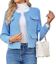 [D Pastizales] Women's Tweed Jacket Cropped Blazers Spring Summer Round Neck Business Work Office Plaid Jacket