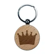 Crown King Queen Princess Engraved Wood Round Keychain Tag Charm