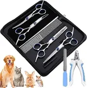Pet Grooming Scissors, Sharp and Durable Pet Grooming Shears with Safety Round Tips, 7 in 1 Dog Grooming Scissors Set with Cutting Scissors, Thinning Shear, Curved Scissors, Grooming Comb