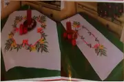 2 NEW DUFTIN "RED BOW" Embroidery Kits w/Floss: Table Topper & Runner Kits