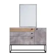 Design Square Dresser Sideboard Buffet Unit With Mirror - Black Metal Legs - Dark Oak / Cement Grey