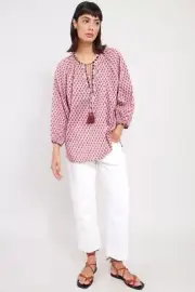 BNWT! Stunning *EAST* Libi Hand Block Printed Pink Cotton Tunic Tassel Top 14