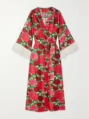 [La DoubleJ] La DoubleJ - Boudoir Belted Feather-trimmed Floral-print Silk-twill Maxi Dress - Pink - x small x small Pink