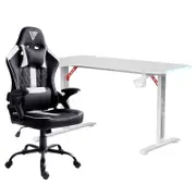 Advwin 140cm White Gaming Desk RGB LED Light & Ergonomic Gaming Chair Height Adjustable Black Red