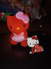 RARE ~ RED Hello Kitty Plush Doll with Pink Bow & Pink Heart ~ 6" Tall With Tag.