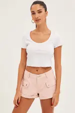 Pink Cargo Denim Shorts Low Rise - Size 14, Women's Skinny Short