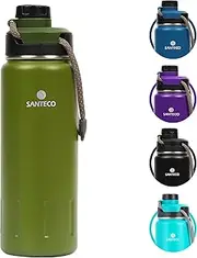 Insulated Water Bottles, Stainless Steel Flask with Lanyard & Wide Mouth Spout Lid, Leak Proof Double Wall Vacuum Drink Bottle, Keep Drinks Hot & Cold for Hiking Camping (Moss Green, 32oz / 950ml)