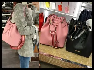 美國正品專櫃Michael Kors MK kimberly 新款2021經典 滿版深咖LOGO-紅把、粉把、黃把、黑色 (大號)水桶包(牛皮防刮款)&芭蕾粉(全皮 寬背帶) 單肩手提 斜背包~空間容量超大【輕奢簡約時尚百搭款】～(保證美國OUTLET直購全新100%正品).*vivi shop*