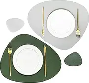 Olrla Dual-sided Placemats and Coaster Sets of 6, PU Leather Place Mat Non-slip Wipeable Waterproof for Kitchen Indoor Dining Table Restaurant Party Outdoor BBQ(Green/Grey)