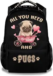 [PoshWrap] Pug School Backpack for Boys, Girls - 16 Inch Black Backpacks for Kids - Cartoon Bookbag for Travel