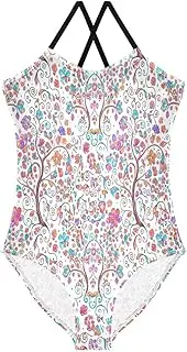 [RPLIFE] Whimsical Tree Colorful Flowers Kids Swimwear Girls, Summer Beach Bathing Suit, 3-10