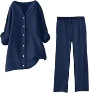 [Generic] Two Piece Set Women Casual Cotton Linen Lounge Set Summer Airport Vacation Travel Outfits Wide Leg Pants Shirt Matching Sets