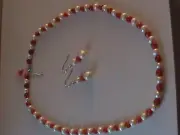 Freshwater Pearl & Red Quartzite Earrings & Necklace in Sterling Silver