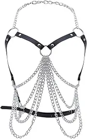 [AMIJOUX] Punk Layered Chest Chains Black Belt Faux Leather Body Chains Bra Caged Harness Choker Bra Chains for Women, 44cm, PU, No Gemstone