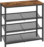 VASAGLE Shoe Rack, 4-Tier Shoe Storage with Shelves and Large Top, Adjustable Mesh Shelves, Space-Saving for Entryway, Hallway, Steel, Industrial, Rustic Brown and Ink Black LBS040B01