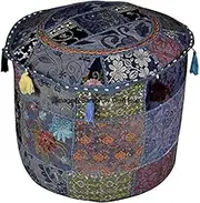 Grey Decorative Multi Patch Indian Hippie Embroidery Vintage Cotton Floor Pillow & Cushion Patchwork Bean Bag Chair Cover Boho Bohemian Hand Embroidered Handmade Pouf Ottoman Cover (18X13 inch)