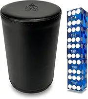 Luck Lab Black Leather Dice Stacking Cup with 5 Serialized Razor Edge 19 mm Casino Dice - Pro Straight Cup for Stacking and Magic Tricks (Blue Dice)