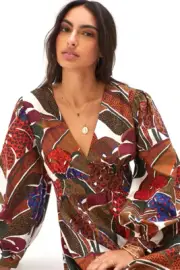 Anthropologie Farm Rio Dress Puff Sleeve Monstera Leaf Floral Deep V Size 6 NEW