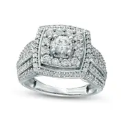 1.5 CT. T.W. Natural Diamond Double Cushion Frame Multi-Row Engagement Ring in Solid 14K White Gold