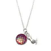 5 Pcs Trendy Time Gemstone Colorful Mermaid Scale Resin Pendant Delicate Silver Necklaces for Girl Women RED COLOUR
