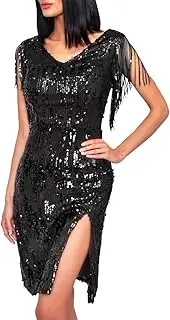 [ZRSGXG] Women's Sequin Tassel Baffle V-Neck Lace Up Slit Cocktail Evening Dress
