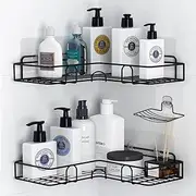 Shower Caddy, Corner Shower Shelf with Hooks/Soap Tray, Bathroom Storage Organizer, Wall Mounted bathroom Caddy Shelf with Adhesive, Bathroom Shelves for Toilet, Dorm and Kitchen (Matte Black)