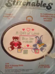 Dimensions Counted Cross Stitch Kit Frame Stitchables Bear & Bunny Birth Record