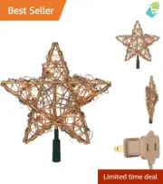 Kurt Adler Gold Rattan Star Treetop - 20-Lights for Elegant Christmas Decor