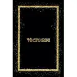 VICTORIA: NAME VICTORIA MONOGRAM NOTEBOOK - 120 PAGES - SIZE 6X9, SOFT COVER, MATTE FINISH- GOLD CONFETTI GLITTER MONOGRAM BLANK