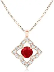 [Angara] Natural Vintage Inspired Ruby Clover Pendant Necklace in 14ct Solid Gold for Women | July Birthstone Jewellery for Her