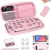 Younik Switch Case (NOT OLED/Lite), 14 in 1 Switch Accessory Pack with Carrying Case, Protective Accessories for Switch and J-Con Console (Pink, Button Pattern)
