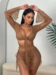 2 Pc. Tulum Tan Mesh Net Tie Front Top & Skirt Beach Cover-Up Set