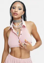 [Re Named] Terry Cloth Button Up Halter Top
