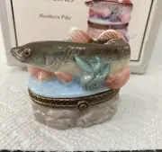 PORCELAIN HINGED BOX Fish Northeren Pike w Lure Trinket Midwest PHB New in Box