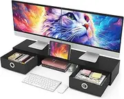 WESTREE Dual Monitor Stand Riser with Two Drawers, Extra Large Storage for 2 Monitors, Computer Monitor Stand with Solt, Desktop Organizer for Computer, Laptop, Screen, Printer, TV