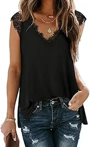 [Poetsky] Women's V Neck Lace Tank Tops Loose Casual Sleeveless Tunic Shirts Side Split