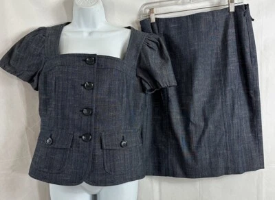 NWTs Nine West 2 Piece Skirt Suit Size 6 Blue Woven A-Line Skirt 4 Button Blazer