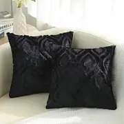 CJWLKJ 2Pcs Soft Faux Fur Throw Pillow Covers 18x18 - Plush Short Wool Velvet Decorative Pillow Covers - Couch Sofa Pillow Covers for Living Room - with 3D Hollow Flower Pattern (Black)