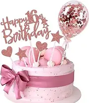 IEALODS 16th Happy Birthday Cake Topper, Rose Gold Glitter 16th Birthday Cake Topper with Balloon Cake Topper for Girl Birthday Cake Decorations