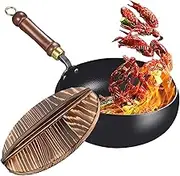 Wok Pan,Hand-Forged Iron Wok | Uncoated Heat-Resistant Iron Pan with Lid for Indoors, Camping, Home, Kitchen, Restaurant Cooking