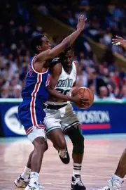 Sherman Douglas Boston Celtics drives v Kenny Anderson New Jersey - Old Photo