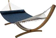 12 Foot Natural Wood Arc Hammock Stand & Whitsunday King Quilted Spreader Bar Hammock - Free Standing Wooden Combo for Indoors & Outdoors (Navy)
