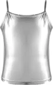 [RUNQHUI] Kids Girls Shiny Metallic Tank Top Camisole Hip Hop Jazz Dance Tees Shirts Cami Party Dancewear
